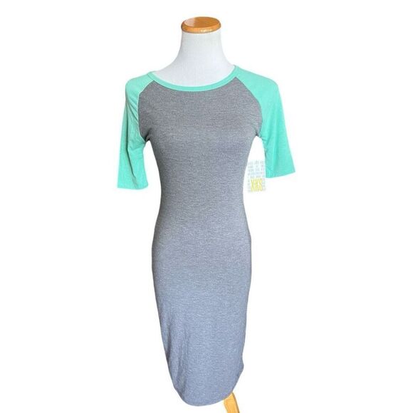 NWT Womens Lularoe Color Block Gray & Teal Julia Jersey Knit Bodycon Dress - XXS - Picture 1 of 3
